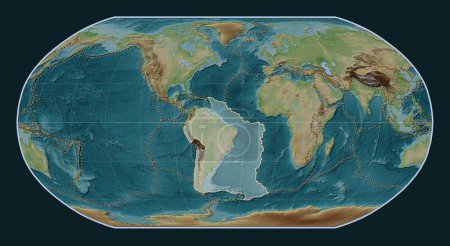 Photo for South American tectonic plate on the Wiki style elevation map in the Robinson projection centered meridionally. Boundaries of other plates - Royalty Free Image