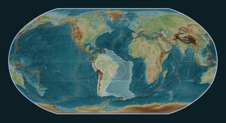 Photo for South American tectonic plate on the Wiki style elevation map in the Robinson projection centered meridionally. Distribution of known volcanoes - Royalty Free Image