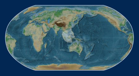 Téléchargez les photos : Plaque tectonique Sunda sur la carte physique de l'altitude dans la projection Robinson centrée méridionale. - en image libre de droit