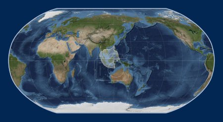 Téléchargez les photos : Plaque tectonique Sunda sur la carte satellite Blue Marble dans la projection Robinson centrée méridionale. - en image libre de droit