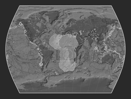 Téléchargez les photos : Plaque tectonique africaine sur la carte de l'altitude bilevel dans la projection Times centrée méridionale. Lieux des tremblements de terre de plus de 6,5 magnitude enregistrés depuis le début du 17ème siècle - en image libre de droit