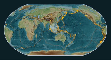 Photo for Sunda tectonic plate on the Wiki style elevation map in the Robinson projection centered meridionally. Locations of earthquakes above 6.5 magnitude recorded since the early 17th century - Royalty Free Image