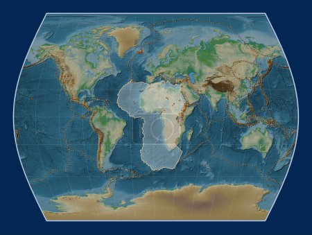 Téléchargez les photos : Plaque tectonique africaine sur la carte physique de l'altitude dans la projection Times centrée méridionale. Distribution des volcans connus - en image libre de droit