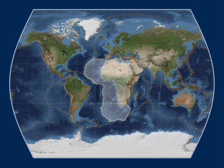 Photo for African tectonic plate on the Blue Marble satellite map in the Times projection centered meridionally. Distribution of known volcanoes - Royalty Free Image