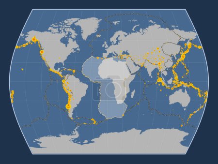 Foto de Placa tectónica africana en el mapa de contorno sólido en la proyección Times centrada meridionalmente. Localizaciones de terremotos de magnitud superior a 6,5 registradas desde principios del siglo XVII - Imagen libre de derechos