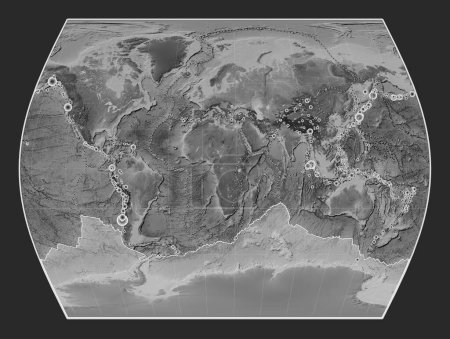 Foto de Placa tectónica antártica en el mapa de elevación a escala de grises en la proyección Times centrada meridionalmente. Localizaciones de terremotos de magnitud superior a 6,5 registradas desde principios del siglo XVII - Imagen libre de derechos
