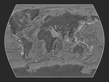 Photo for Arabian tectonic plate on the bilevel elevation map in the Times projection centered meridionally. Locations of earthquakes above 6.5 magnitude recorded since the early 17th century - Royalty Free Image
