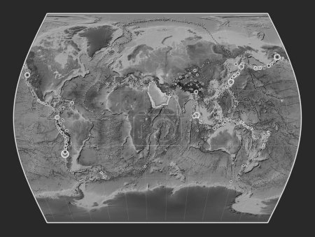 Photo for Arabian tectonic plate on the grayscale elevation map in the Times projection centered meridionally. Locations of earthquakes above 6.5 magnitude recorded since the early 17th century - Royalty Free Image