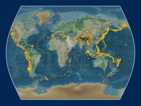 Photo for Arabian tectonic plate on the physical elevation map in the Times projection centered meridionally. Locations of earthquakes above 6.5 magnitude recorded since the early 17th century - Royalty Free Image