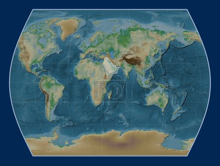 Photo for Arabian tectonic plate on the physical elevation map in the Times projection centered meridionally. - Royalty Free Image