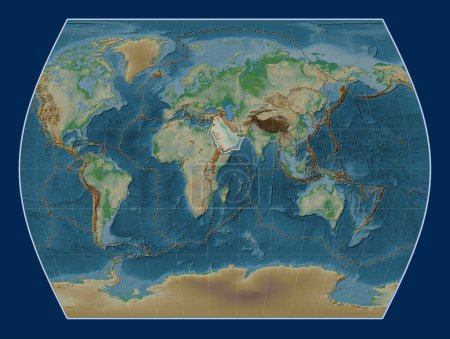 Photo for Arabian tectonic plate on the physical elevation map in the Times projection centered meridionally. Distribution of known volcanoes - Royalty Free Image