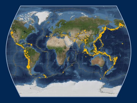 Photo for Arabian tectonic plate on the Blue Marble satellite map in the Times projection centered meridionally. Locations of earthquakes above 6.5 magnitude recorded since the early 17th century - Royalty Free Image