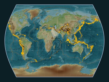Photo for Arabian tectonic plate on the Wiki style elevation map in the Times projection centered meridionally. Locations of earthquakes above 6.5 magnitude recorded since the early 17th century - Royalty Free Image