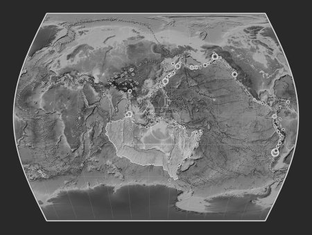 Téléchargez les photos : Plaque tectonique australienne sur la carte de l'altitude en niveaux de gris dans la projection Times centrée méridionale. Lieux des tremblements de terre de plus de 6,5 magnitude enregistrés depuis le début du 17ème siècle - en image libre de droit
