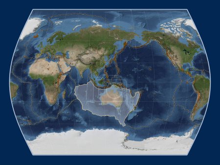 Téléchargez les photos : Plaque tectonique australienne sur la carte satellite Blue Marble dans la projection Times centrée méridionale. Distribution des volcans connus - en image libre de droit