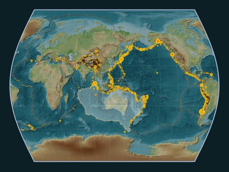 Foto de Placa tectónica australiana en el mapa de elevación de estilo Wiki en la proyección Times centrada meridionalmente. Localizaciones de terremotos de magnitud superior a 6,5 registradas desde principios del siglo XVII - Imagen libre de derechos