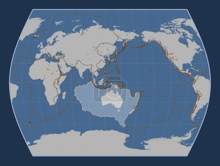 Téléchargez les photos : Plaque tectonique australienne sur la carte de contour solide dans la projection Times centrée méridionale. Distribution des volcans connus - en image libre de droit