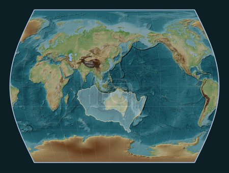 Téléchargez les photos : Plaque tectonique australienne sur la carte d'élévation de style Wiki dans la projection Times centrée méridionale. - en image libre de droit