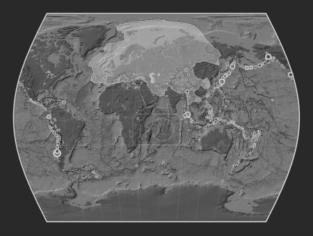 Téléchargez les photos : Plaque tectonique eurasienne sur la carte de l'altitude bilevel dans la projection Times centrée méridionale. Lieux des tremblements de terre de plus de 6,5 magnitude enregistrés depuis le début du 17ème siècle - en image libre de droit