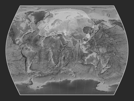 Foto de Placa tectónica eurasiática en el mapa de elevación a escala de grises en la proyección Times centrada meridionalmente. Límites de otras placas - Imagen libre de derechos