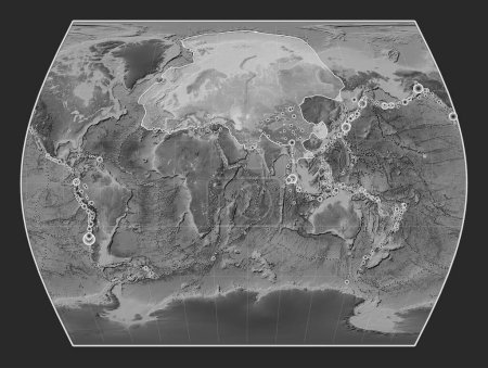 Téléchargez les photos : La plaque tectonique eurasienne sur la carte d'altitude en niveaux de gris dans la projection du Times était centrée méridionale. Lieux des tremblements de terre de plus de 6,5 magnitude enregistrés depuis le début du 17ème siècle - en image libre de droit