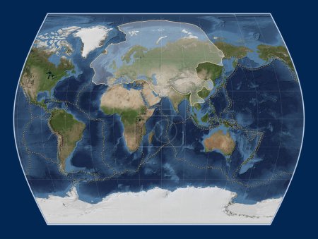 Photo for Eurasian tectonic plate on the Blue Marble satellite map in the Times projection centered meridionally. Boundaries of other plates - Royalty Free Image