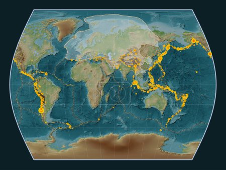 Téléchargez les photos : Plaque tectonique eurasienne sur la carte d'élévation de style Wiki dans la projection Times centrée méridionale. Lieux des tremblements de terre de plus de 6,5 magnitude enregistrés depuis le début du 17ème siècle - en image libre de droit