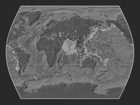 Téléchargez les photos : Plaque tectonique indienne sur la carte de l'altitude bilevel dans la projection Times centrée méridionale. Lieux des tremblements de terre de plus de 6,5 magnitude enregistrés depuis le début du 17ème siècle - en image libre de droit