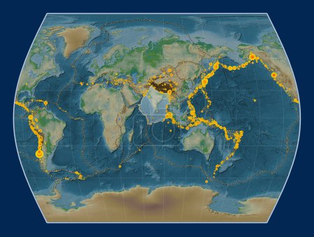 Foto de Placa tectónica india en el mapa de elevación física en la proyección Times centrada meridionalmente. Localizaciones de terremotos de magnitud superior a 6,5 registradas desde principios del siglo XVII - Imagen libre de derechos