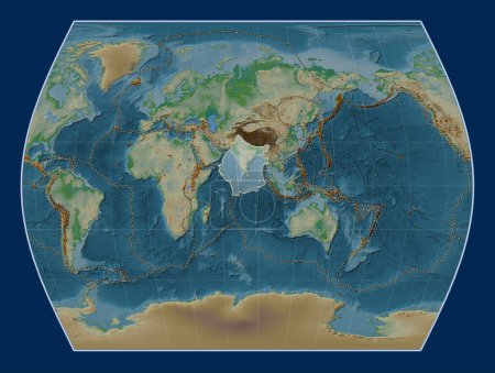 Photo for Indian tectonic plate on the physical elevation map in the Times projection centered meridionally. Distribution of known volcanoes - Royalty Free Image