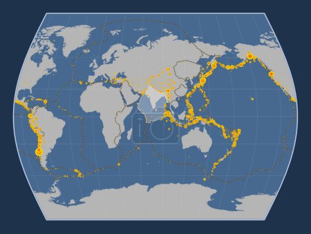 Téléchargez les photos : Plaque tectonique indienne sur la carte de contour solide dans la projection Times centrée méridionale. Lieux des tremblements de terre de plus de 6,5 magnitude enregistrés depuis le début du 17ème siècle - en image libre de droit