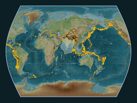 Téléchargez les photos : Plaque tectonique indienne sur la carte d'élévation de style Wiki dans la projection Times centrée méridionale. Lieux des tremblements de terre de plus de 6,5 magnitude enregistrés depuis le début du 17ème siècle - en image libre de droit