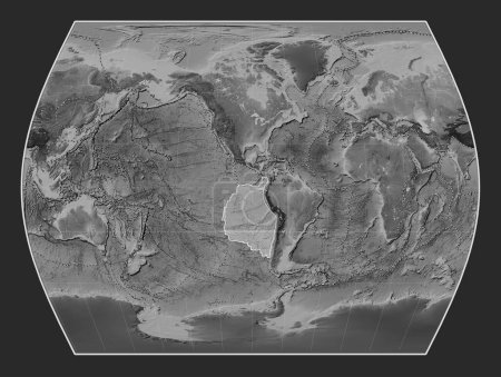 Photo for Nazca tectonic plate on the grayscale elevation map in the Times projection centered meridionally. Boundaries of other plates - Royalty Free Image