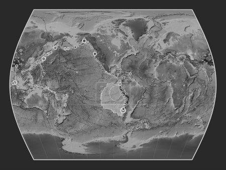 Photo for Nazca tectonic plate on the grayscale elevation map in the Times projection centered meridionally. Locations of earthquakes above 6.5 magnitude recorded since the early 17th century - Royalty Free Image