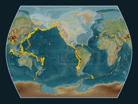 Téléchargez les photos : Plaque tectonique nord-américaine sur la carte d'altitude de style Wiki dans la projection Times centrée méridionale. Lieux des tremblements de terre de plus de 6,5 magnitude enregistrés depuis le début du 17ème siècle - en image libre de droit