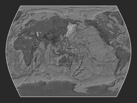 Foto de Placa tectónica de Okhotsk en el mapa de elevación bilevel en la proyección Times centrada meridionalmente. Límites de otras placas - Imagen libre de derechos