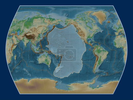 Foto de Placa tectónica del Pacífico en el mapa de elevación física en la proyección Times centrada meridionalmente. Distribución de volcanes conocidos - Imagen libre de derechos