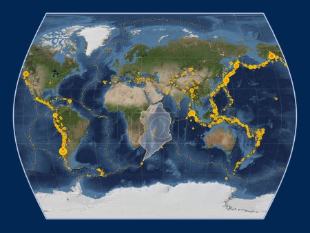 Foto de Placa tectónica somalí en el mapa satélite de mármol azul en la proyección Times centrada meridionalmente. Localizaciones de terremotos de magnitud superior a 6,5 registradas desde principios del siglo XVII - Imagen libre de derechos