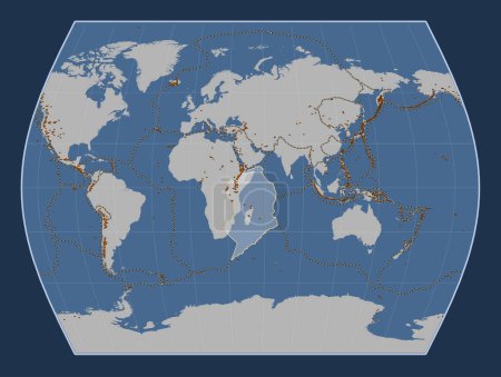 Téléchargez les photos : Plaque tectonique somalienne sur la carte de contour solide dans la projection Times centrée méridionale. Distribution des volcans connus - en image libre de droit