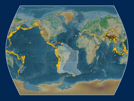 Téléchargez les photos : La plaque tectonique sud-américaine sur la carte physique de l'altitude dans la projection du Times était centrée méridionale. Lieux des tremblements de terre de plus de 6,5 magnitude enregistrés depuis le début du 17ème siècle - en image libre de droit