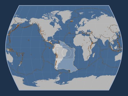 Foto de Placa tectónica sudamericana en el mapa de contorno sólido en la proyección Times centrada meridionalmente. Distribución de volcanes conocidos - Imagen libre de derechos