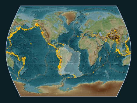 Foto de Placa tectónica sudamericana en el mapa de elevación de estilo Wiki en la proyección Times centrada meridionalmente. Localizaciones de terremotos de magnitud superior a 6,5 registradas desde principios del siglo XVII - Imagen libre de derechos