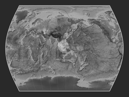 Foto de Placa tectónica de Sunda en el mapa de elevación a escala de grises en la proyección Times centrada meridionalmente. Límites de otras placas - Imagen libre de derechos