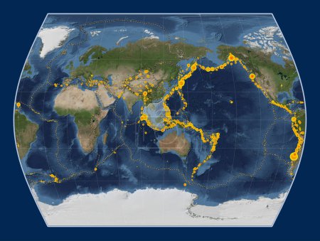 Téléchargez les photos : Plaque tectonique Sunda sur la carte satellite Blue Marble dans la projection Times centrée méridionale. Lieux des tremblements de terre de plus de 6,5 magnitude enregistrés depuis le début du 17ème siècle - en image libre de droit