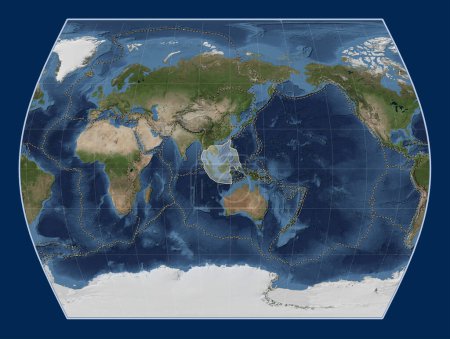 Téléchargez les photos : Plaque tectonique Sunda sur la carte satellite Blue Marble dans la projection Times centrée méridionale. Limites des autres plaques - en image libre de droit