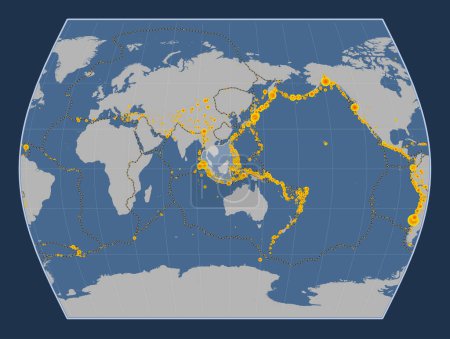 Foto de Placa tectónica de Sunda en el mapa de contorno sólido en la proyección Times centrada meridionalmente. Localizaciones de terremotos de magnitud superior a 6,5 registradas desde principios del siglo XVII - Imagen libre de derechos