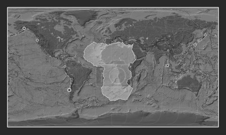 Photo for African tectonic plate on the bilevel elevation map in the Patterson Cylindrical Oblique projection centered meridionally and latitudinally. Locations of earthquakes above 6.5 magnitude recorded since the early 17th century - Royalty Free Image
