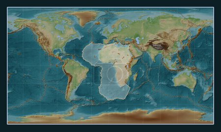 Foto de Placa tectónica africana en el mapa de elevación de estilo Wiki en la proyección cilíndrica Patterson centrada meridionalmente. Distribución de volcanes conocidos - Imagen libre de derechos