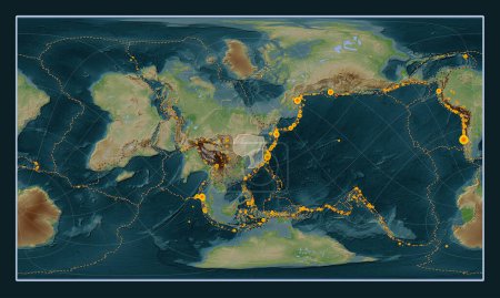Téléchargez les photos : Plaque tectonique Amour sur la carte d'élévation de style Wiki dans la projection oblique cylindrique Patterson centrée méridionale et latitudinale. Lieux des tremblements de terre de plus de 6,5 magnitude enregistrés depuis le début du 17ème siècle - en image libre de droit