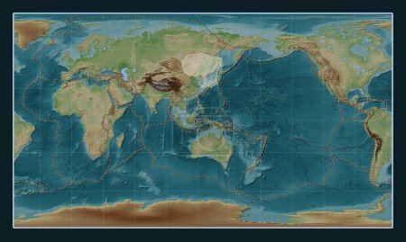 Photo for Amur tectonic plate on the Wiki style elevation map in the Patterson Cylindrical projection centered meridionally. Boundaries of other plates - Royalty Free Image
